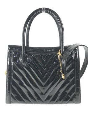 CHANEL Vintage Black V-Stitch Patent Leather Satchel with Gold CC Ball EUC